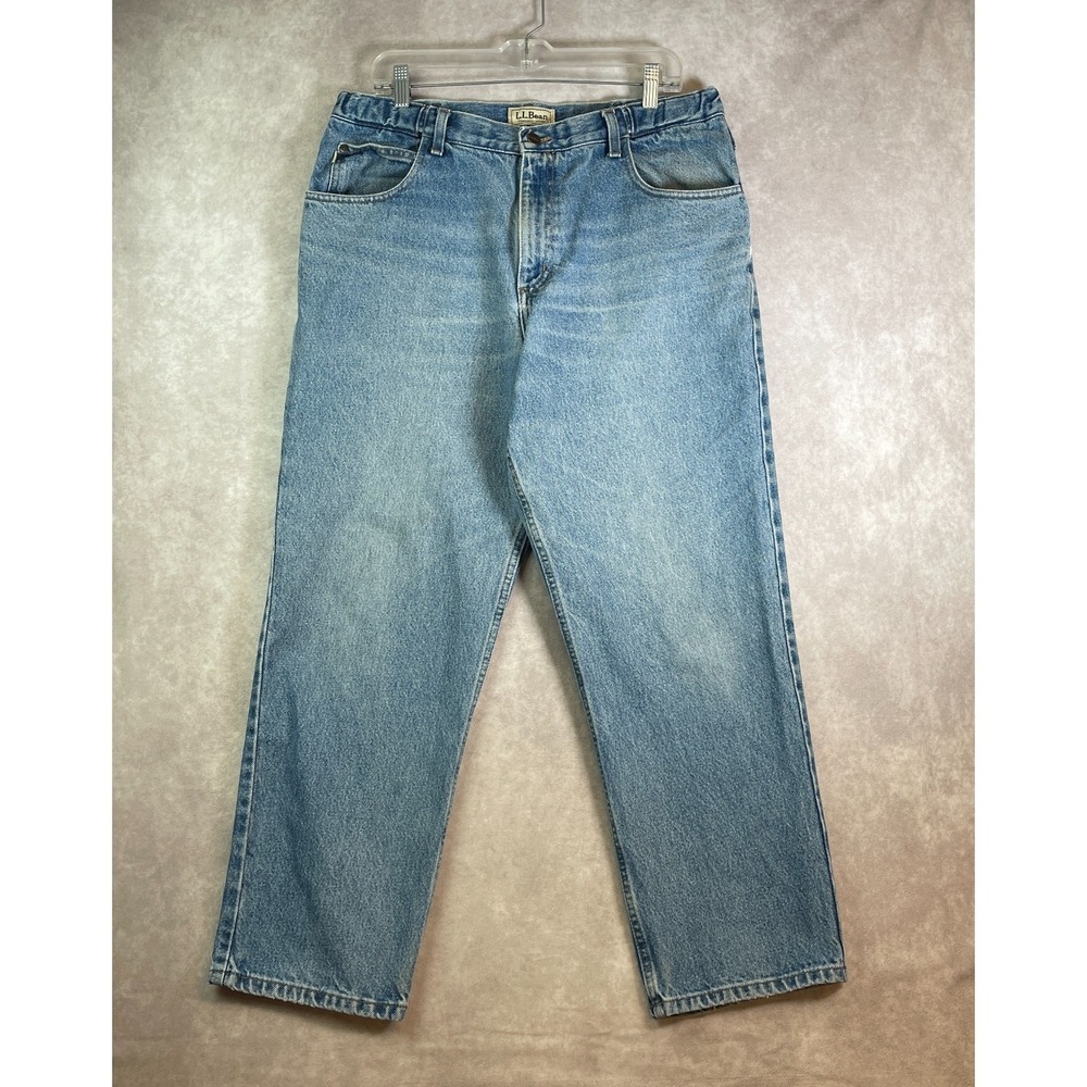LL Bean Jeans Mens 36x29 Blue Denim Relaxed Light Fade Whisker Comfort Waist